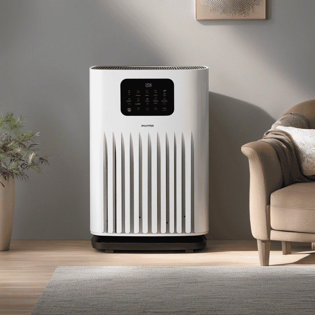 An image that showcases a person standing in a room, delicately pressing buttons on an air purifier