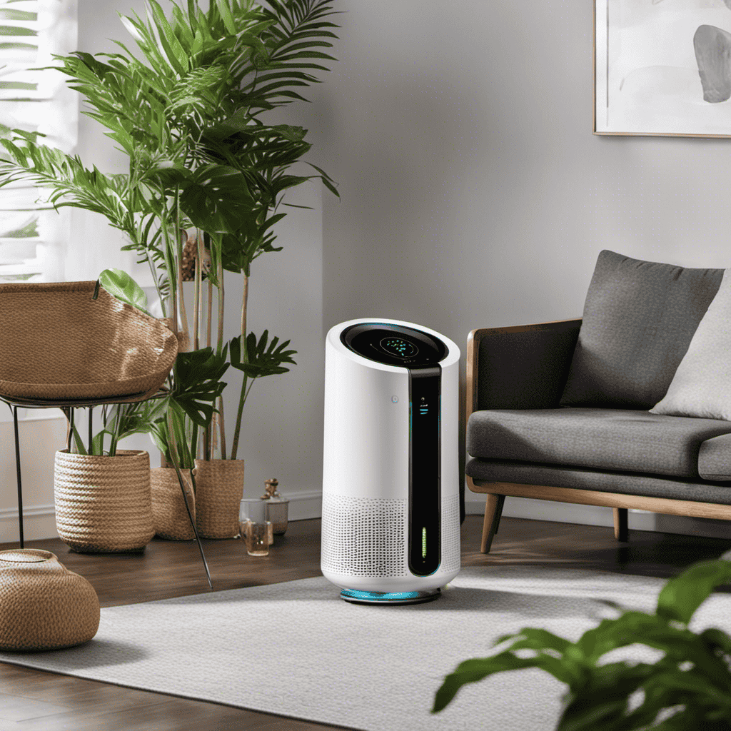 An image showcasing a person effortlessly operating the Levoit Air Purifier: fingers pressing the sleek touch buttons, air quality indicator glowing green, while the purifier emits a gentle breeze, surrounded by a dust-free and fresh environment