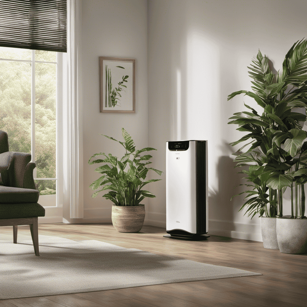 An image showcasing an air purifier placed strategically in a room, with arrows indicating airflow direction, doors and windows closed, plants nearby, and clean, fresh air circulating while harmful particles are being filtered out