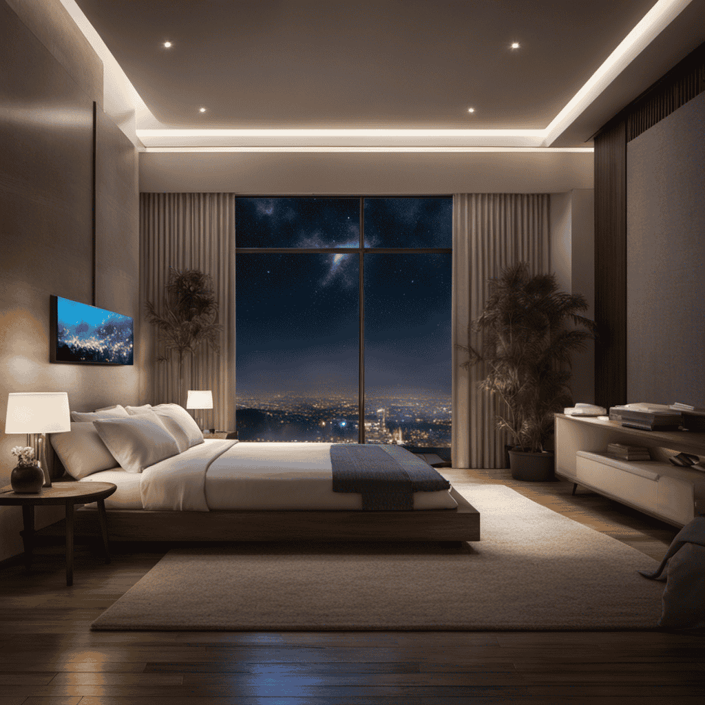 An image featuring a serene bedroom scene at night, with a softly glowing air purifier on a bedside table