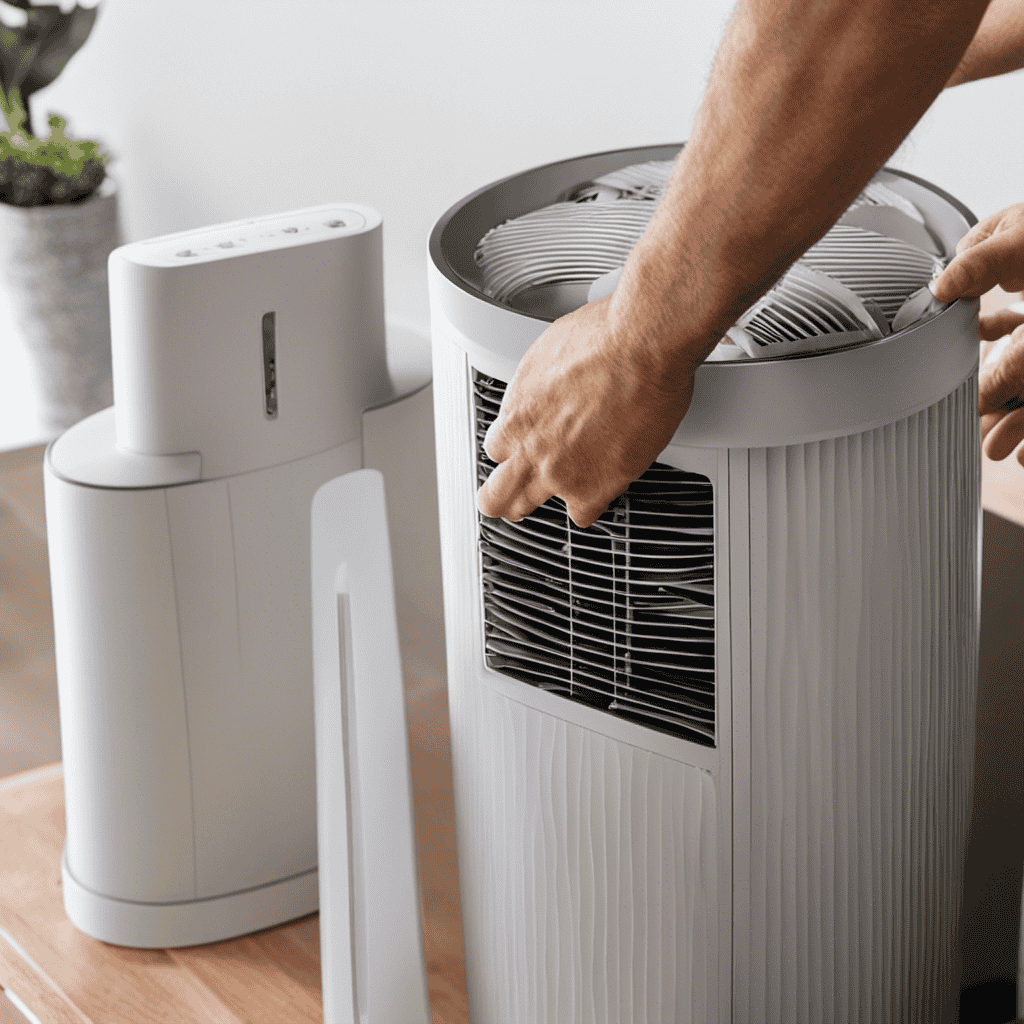 An image capturing the step-by-step process of changing the filter in a Hunter Air Purifier