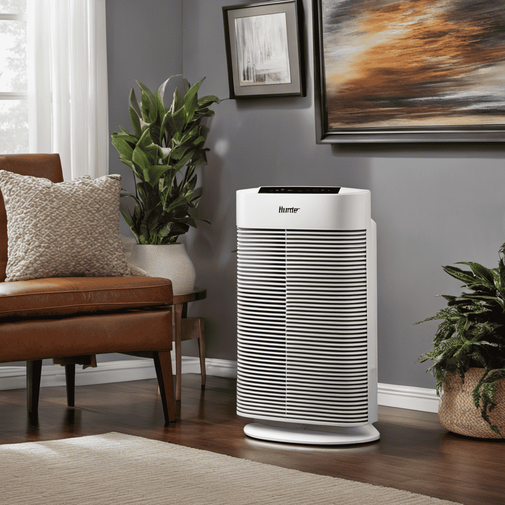 An image showcasing the sleek design of the Hunter Air Purifier Ionizer 30201, with the filter being effortlessly inserted into the purifier