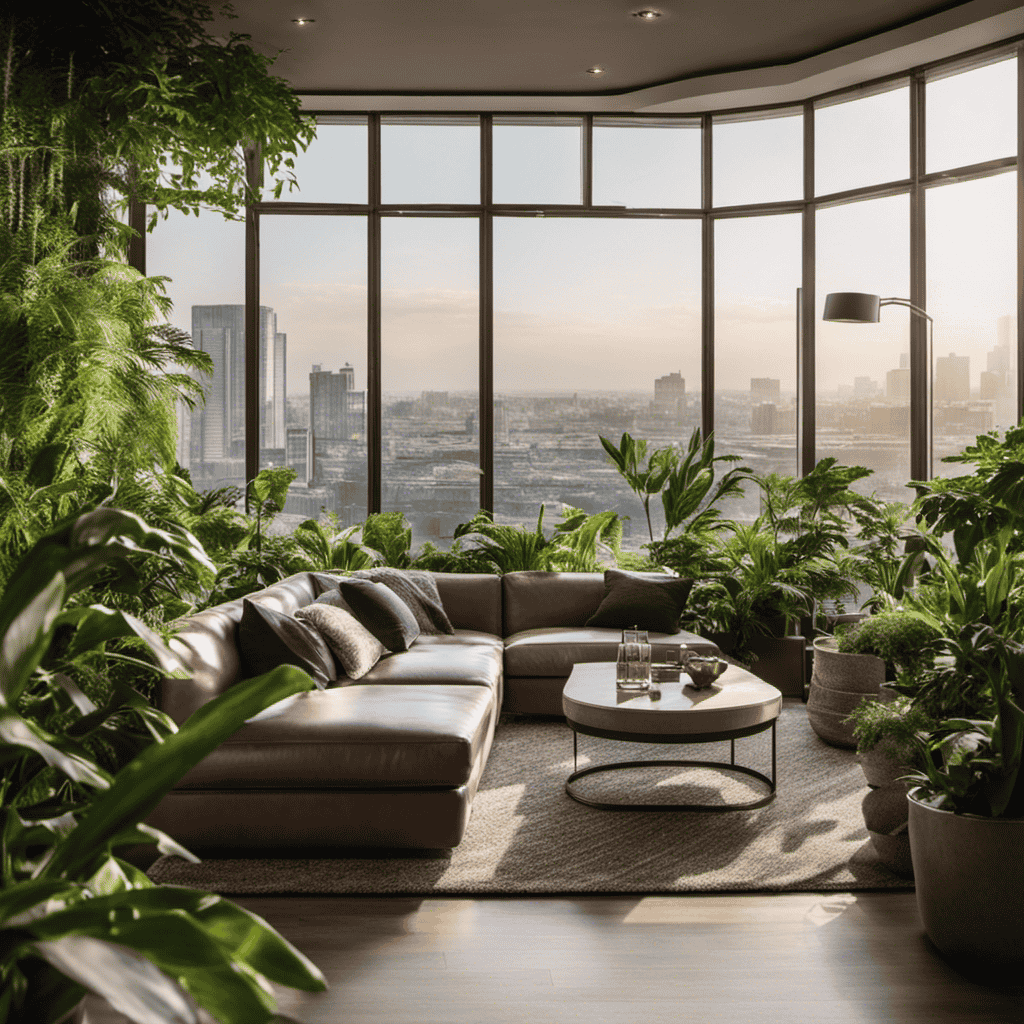 An image featuring a cozy living room with large windows overlooking a bustling highway