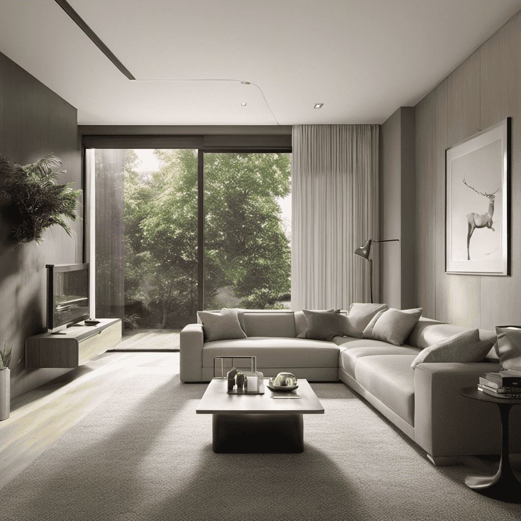 An image showcasing a modern living room, bathed in soft natural light, with a stylish air purifier placed near a large window