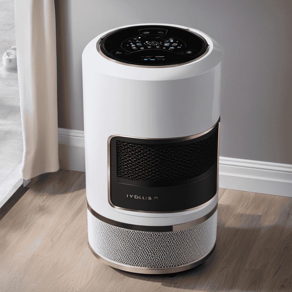 An image showcasing the intricate internal mechanisms of an Idylis Air Purifier, revealing its HEPA filter capturing microscopic particles, UV light destroying germs, and activated carbon trapping odors – a visual masterpiece of clean, purified air
