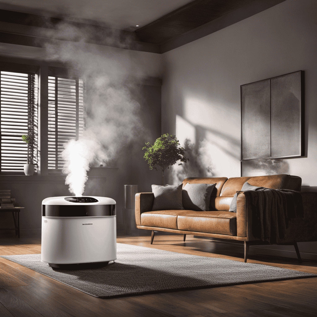 An image showcasing an air purifier in a room with billowing smoke emanating from it