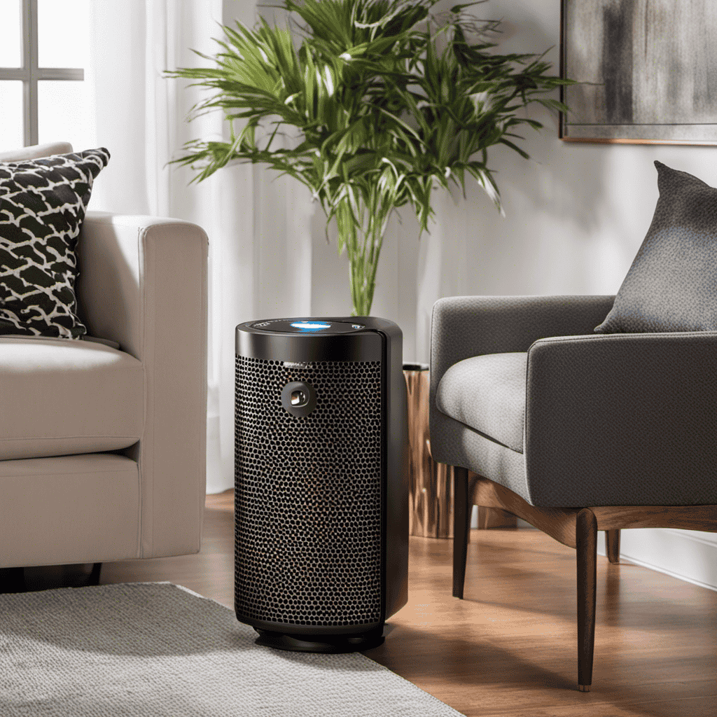 An image showcasing the Bell & Howell Ionic Maxx Air Purifier in a well-lit room
