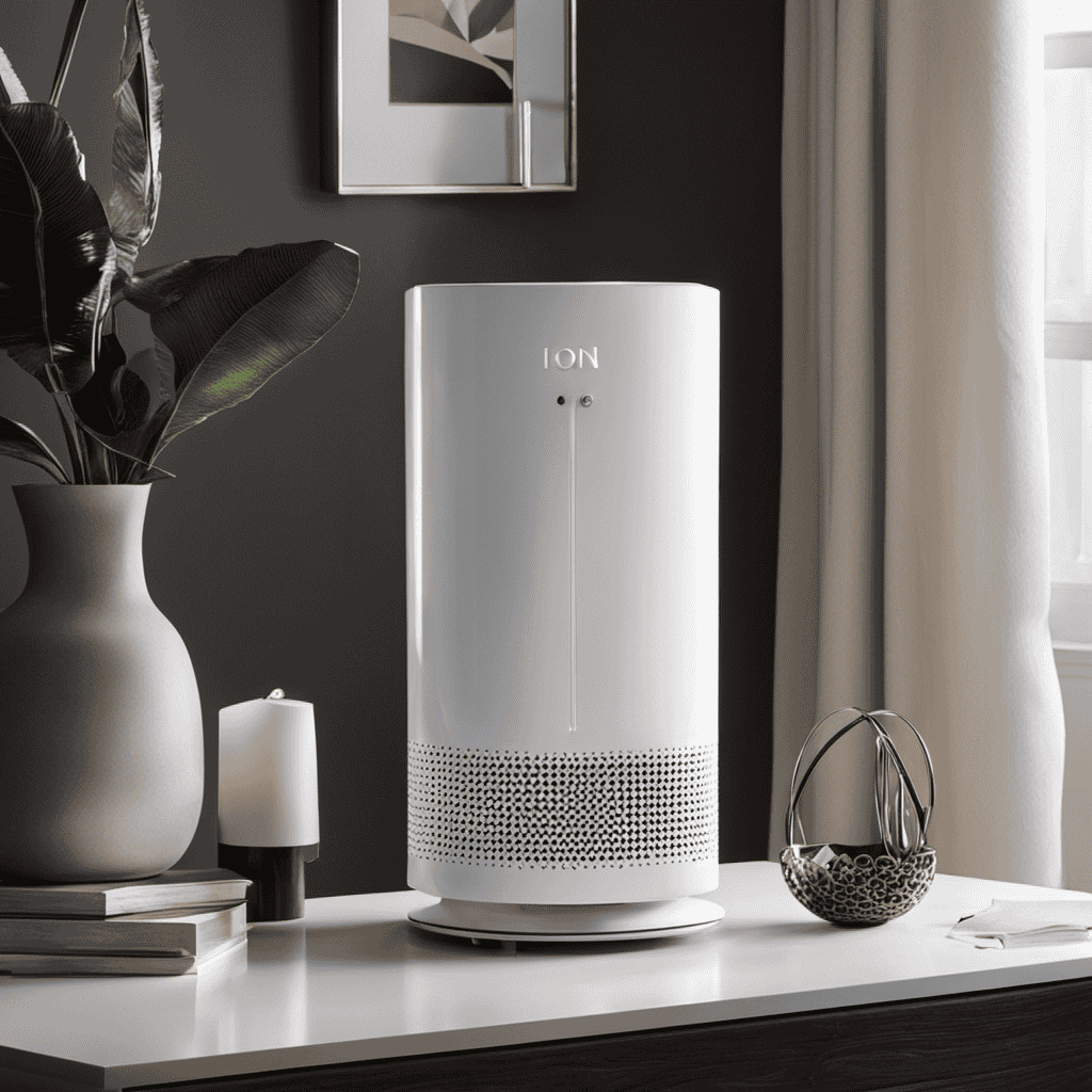 An image showcasing a hand gently wiping the sleek surface of an Ion Technologies air purifier with a soft microfiber cloth, capturing the intricate design and modern aesthetic of the device
