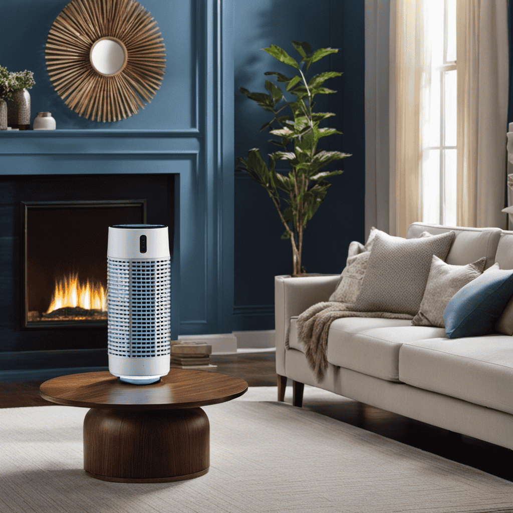 An image depicting a serene living room with the Ionic Pro Air Purifier placed on a side table, emitting a soft blue light while running quietly in the background