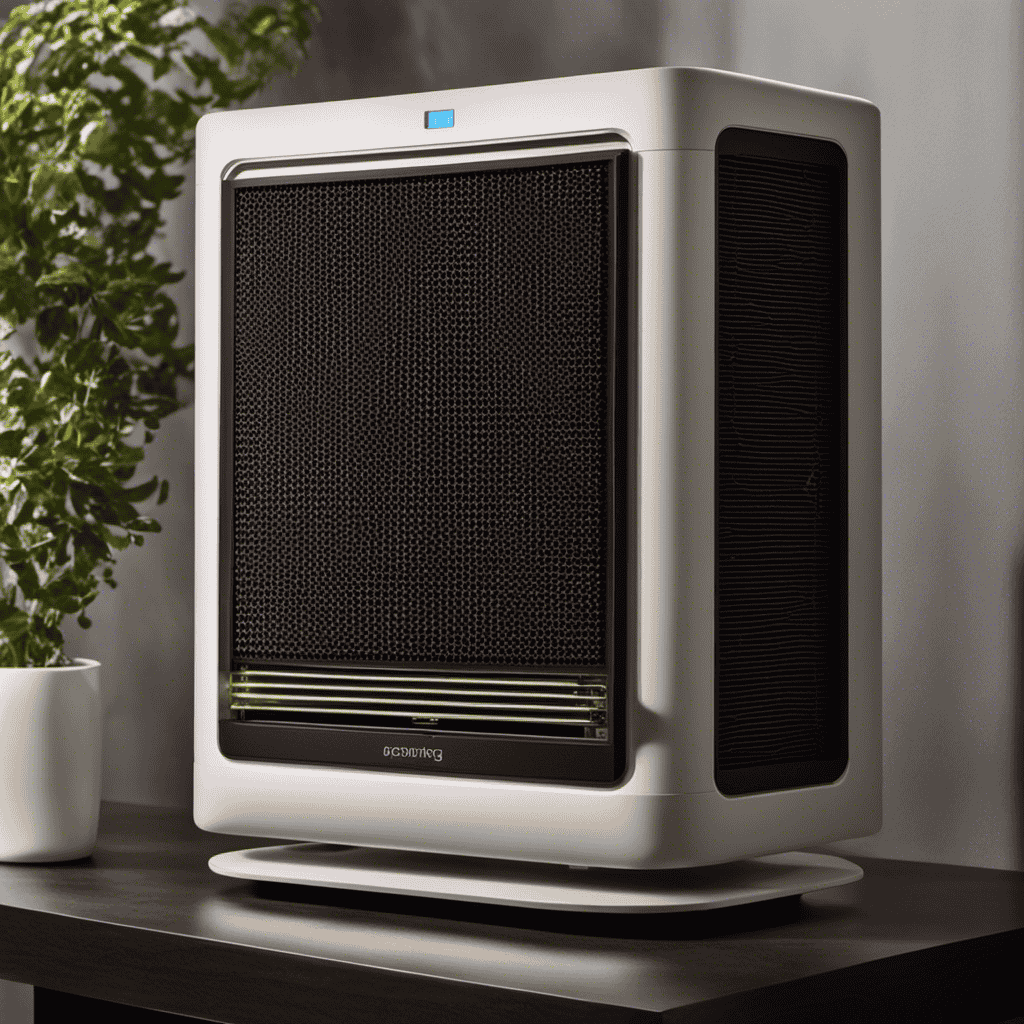 An image showcasing an ionizing air purifier in action, capturing its intricate components like the high-voltage needlepoint electrodes, the release of negatively charged ions, and the removal of airborne pollutants, all in stunning detail