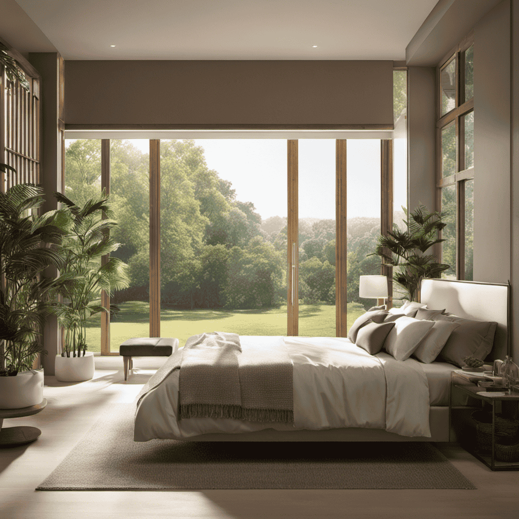 An image showcasing a serene bedroom with a large window, where soft sunlight filters through pristine air