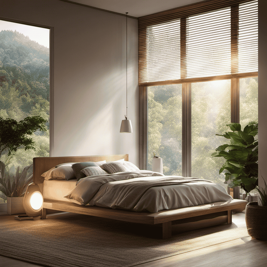 An image showcasing a serene bedroom with an air purifier placed near a window