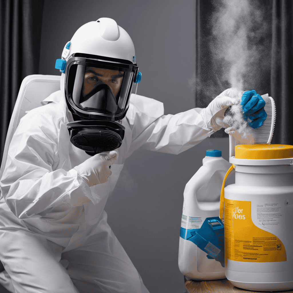 An image showcasing a person wearing protective gear, holding an air purifier, while carefully cleaning bat feces off a surface