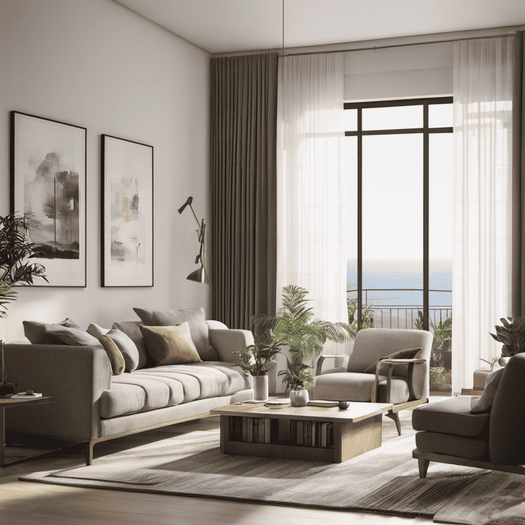 An image showcasing a serene living room with an open window, where sunlight filters through crisp curtains