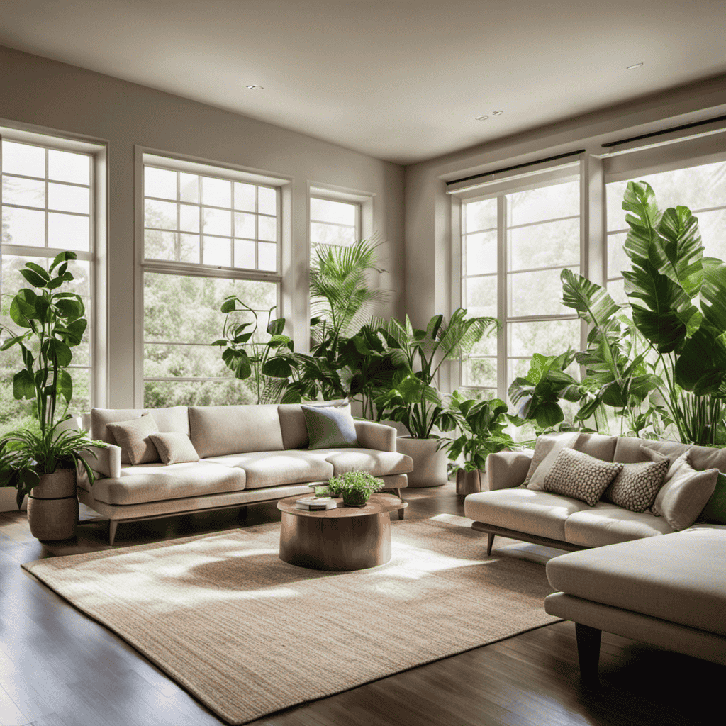 An image showcasing a serene living room with an air purifier quietly operating in the corner, surrounded by fresh plants