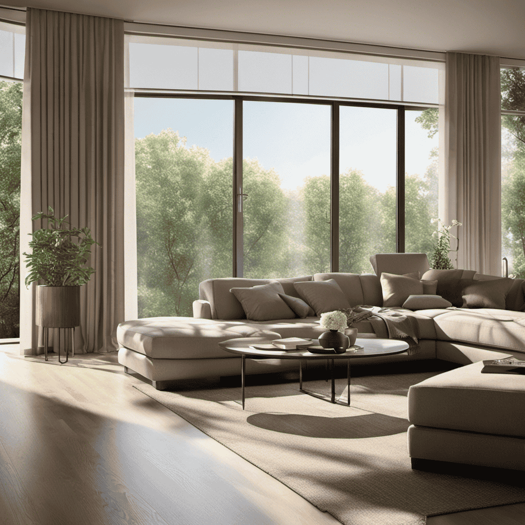 An image capturing a modern living room with an air purifier placed near an open window