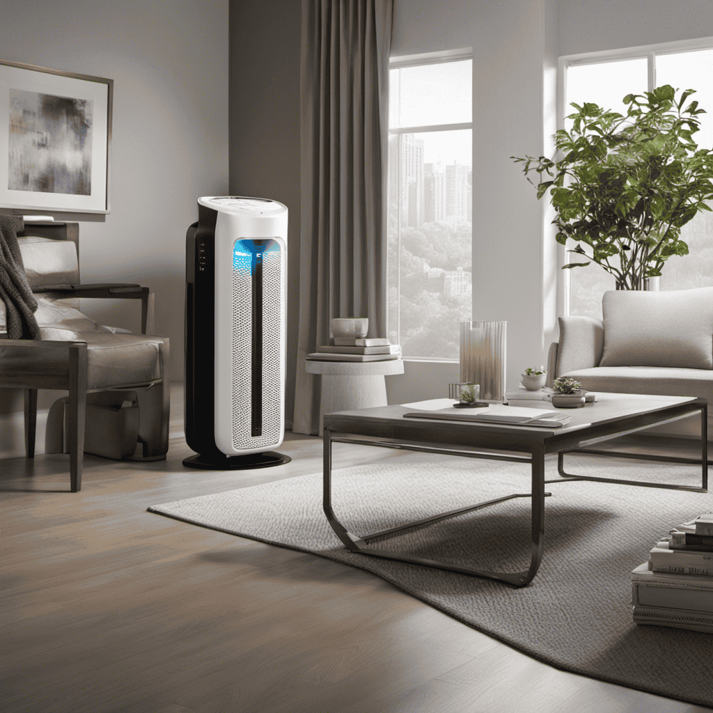 An image that showcases a Kenmore Air Purifier 85264 with a power button illuminated in a steady glow, while a series of rapid blinks emanate from the device, indicating a failed attempt to power on
