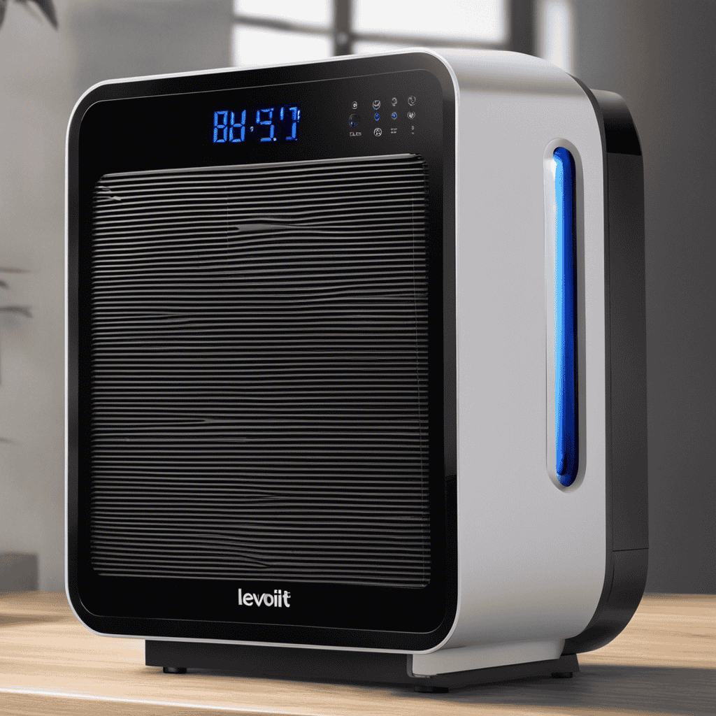 An image showcasing a Levoit Air Purifier with a digital display panel, highlighting the various numerical readings such as air quality index, filter life, and fan speed, providing a visual representation of the purifier's functionality and features