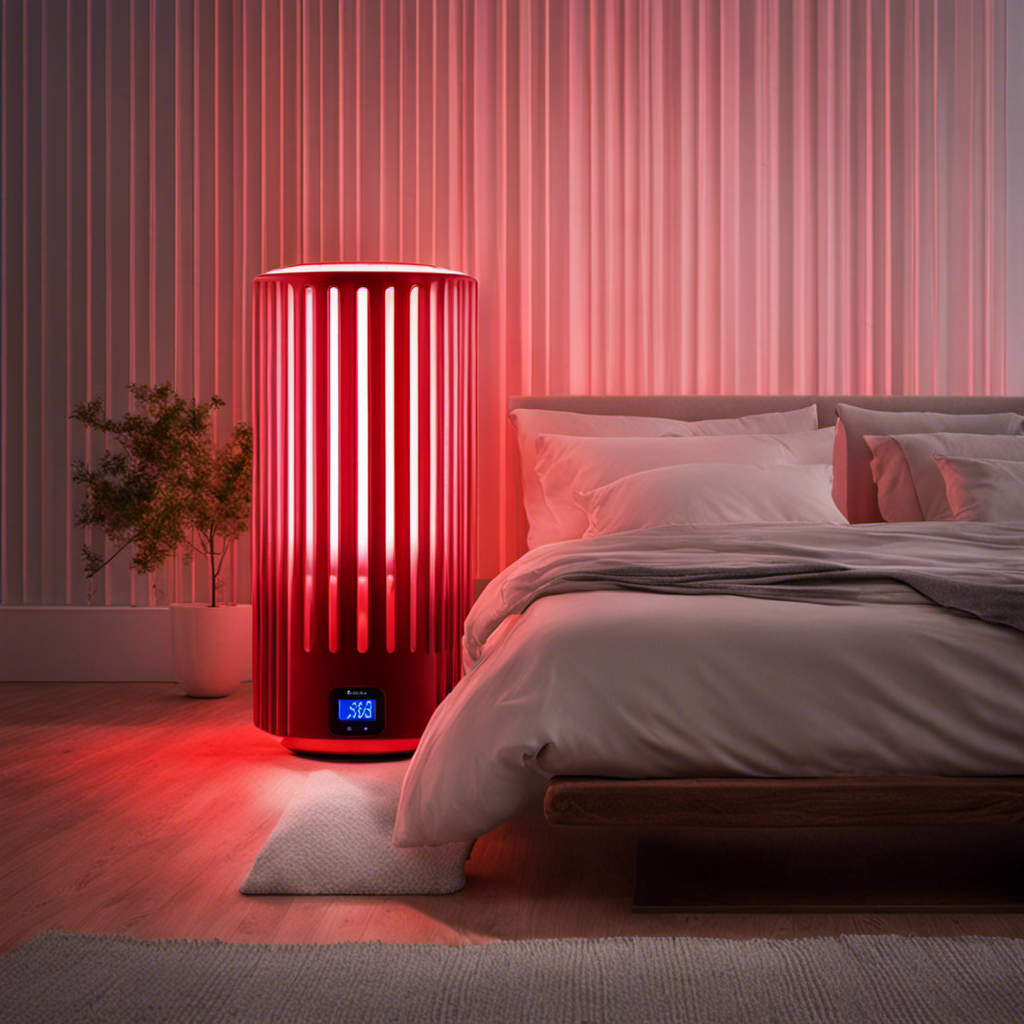 An image featuring a Levoit Air Purifier with a red light glowing, depicting a serene bedroom setting