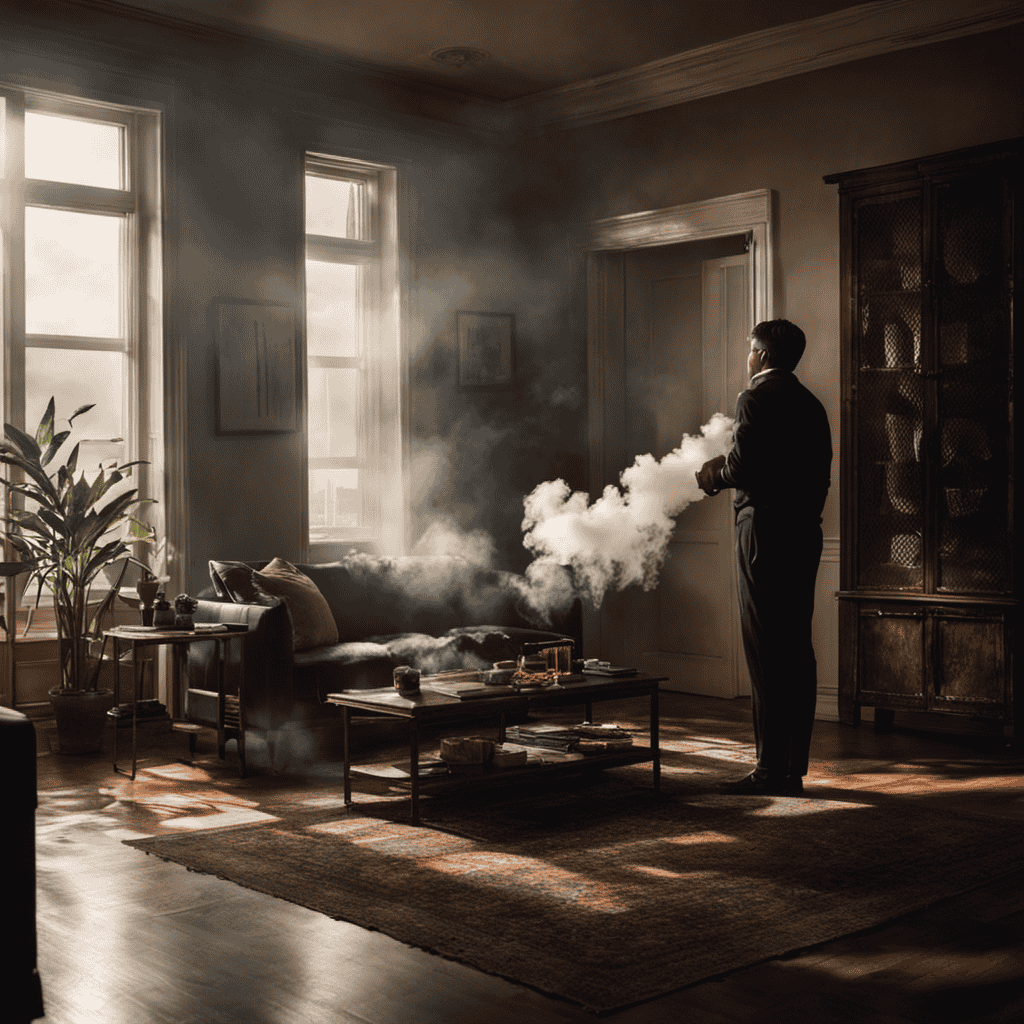 An image showcasing a dimly lit apartment with smoke seeping through the walls