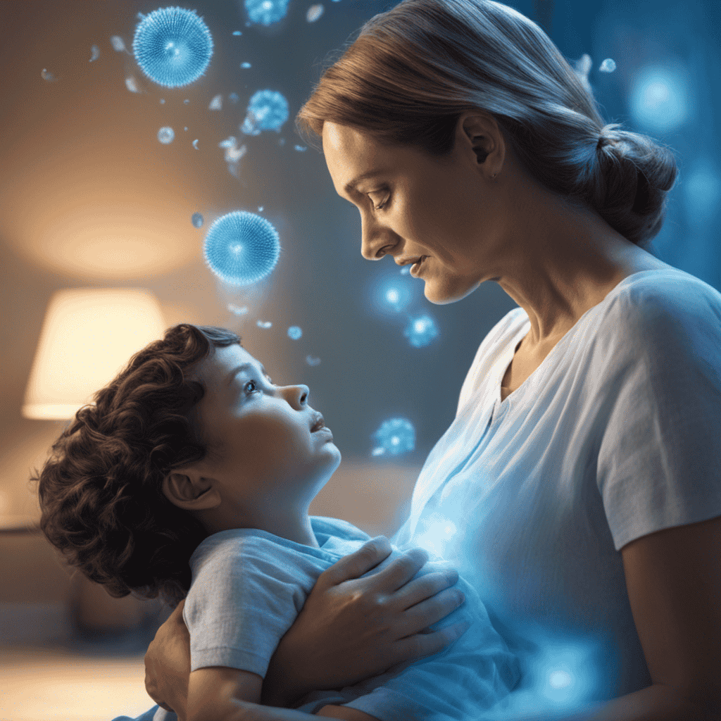 An image featuring a worried mother embracing her son, surrounded by airborne allergens floating in the air
