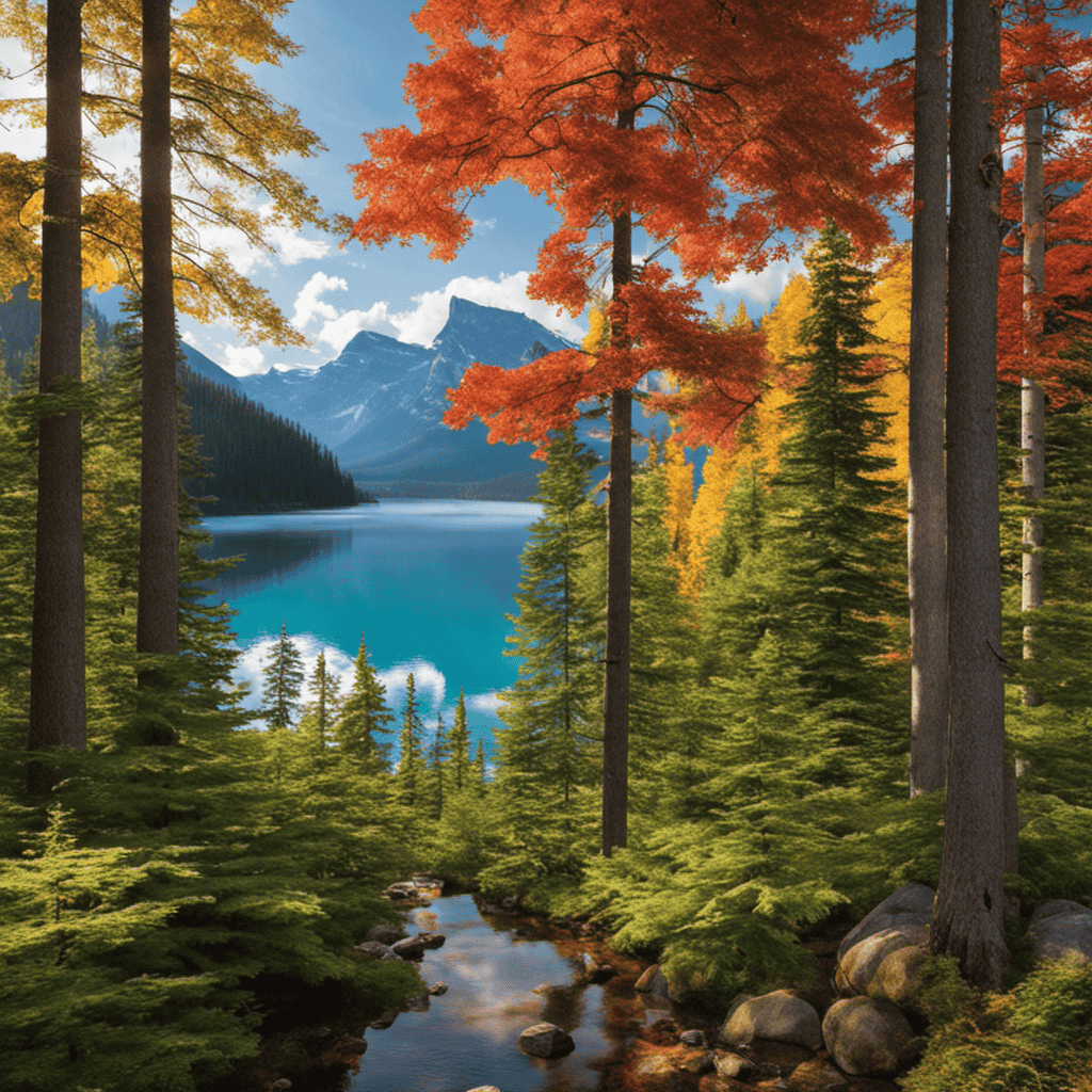 An image showcasing the serene Canadian wilderness, with towering evergreen trees and a crystal-clear lake reflecting the vibrant colors of the surrounding foliage