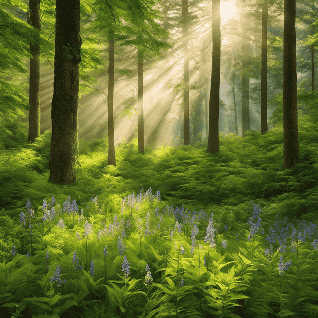 An image showcasing a serene forest scene, with sun rays piercing through the lush foliage