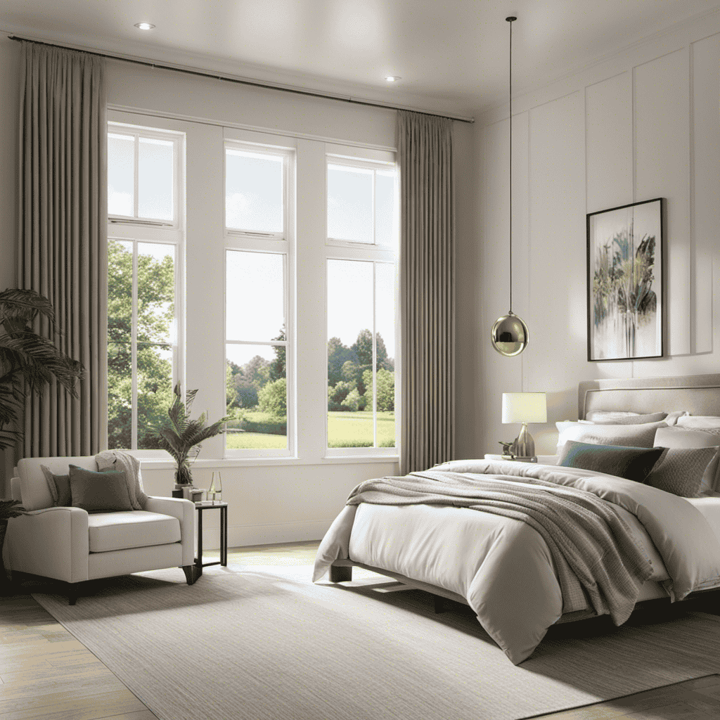 An image featuring a serene bedroom with sunlight streaming through open windows, showcasing the New Comfort Air Purifier effortlessly eliminating dust particles, allergens, and odors