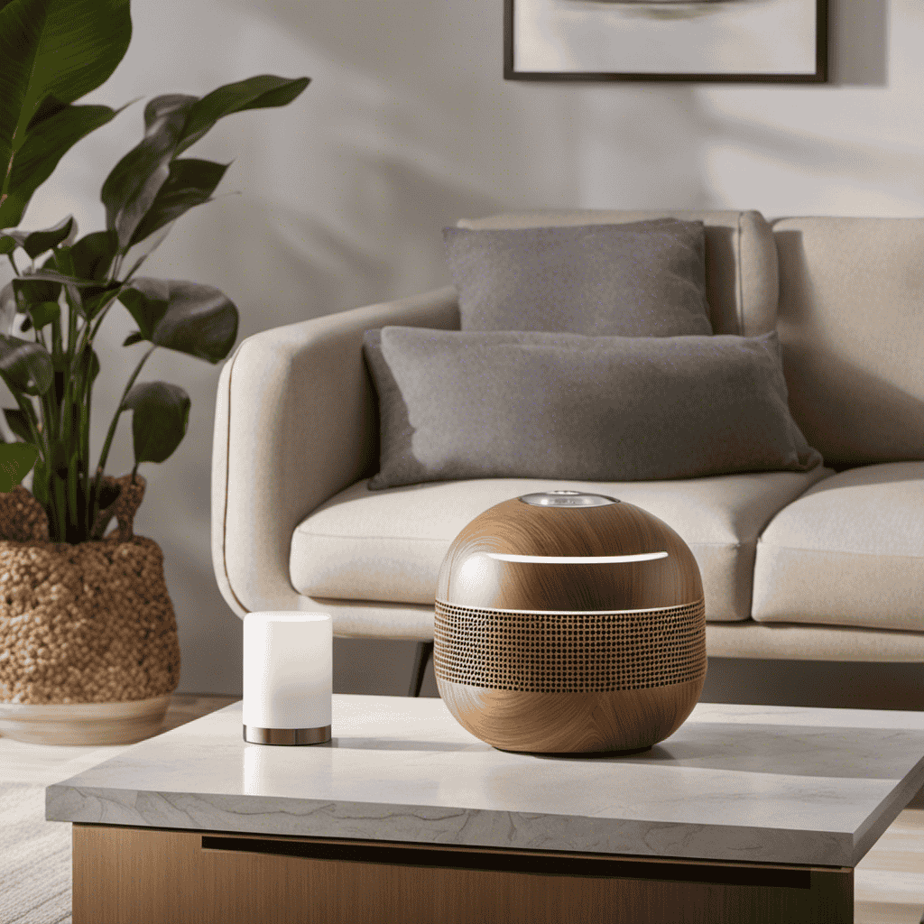 An image showcasing a serene living room setting with the New Comfort Water Based Air Purifier elegantly placed on a side table