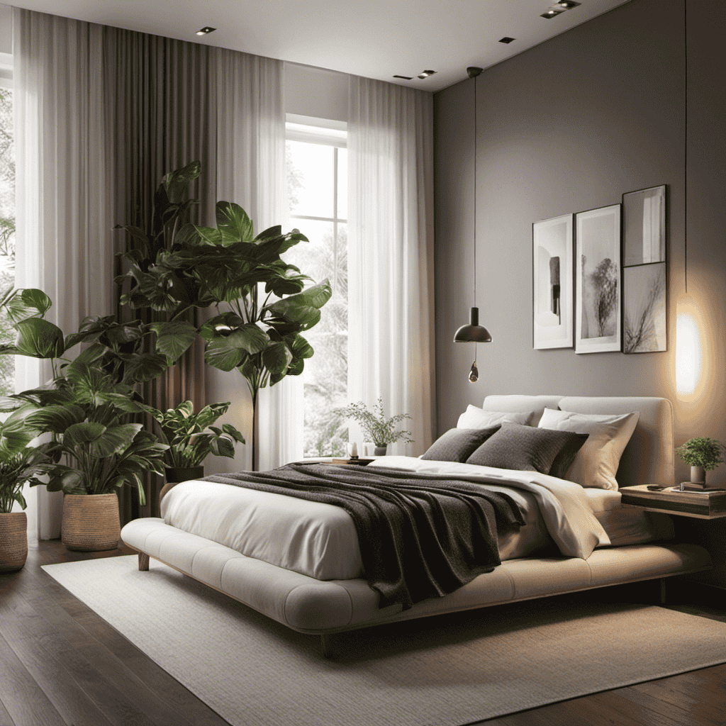 An image showcasing a serene and airy bedroom with a sleek One Room How Long Air Purifier mounted on the wall, softly illuminating the space