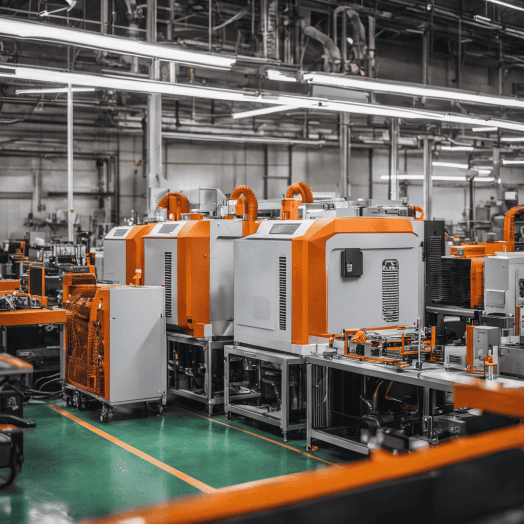 An image showcasing the manufacturing process of the Oransi Air Purifier, capturing the intricate assembly line, skilled workers meticulously crafting each component, and the state-of-the-art machinery used, all without using any text
