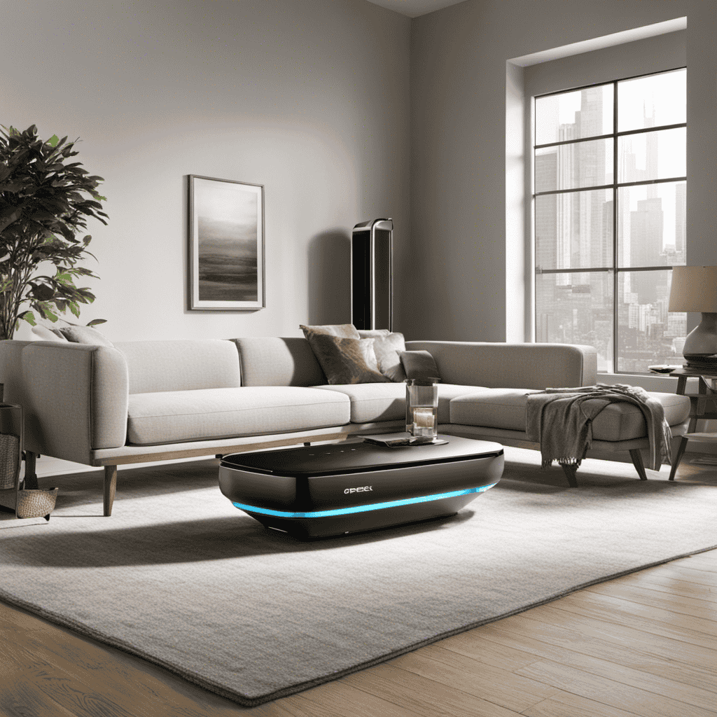 An image of a spacious living room with a modern Oreck V34489 Airvantage Air Purifier placed strategically, showcasing its sleek design