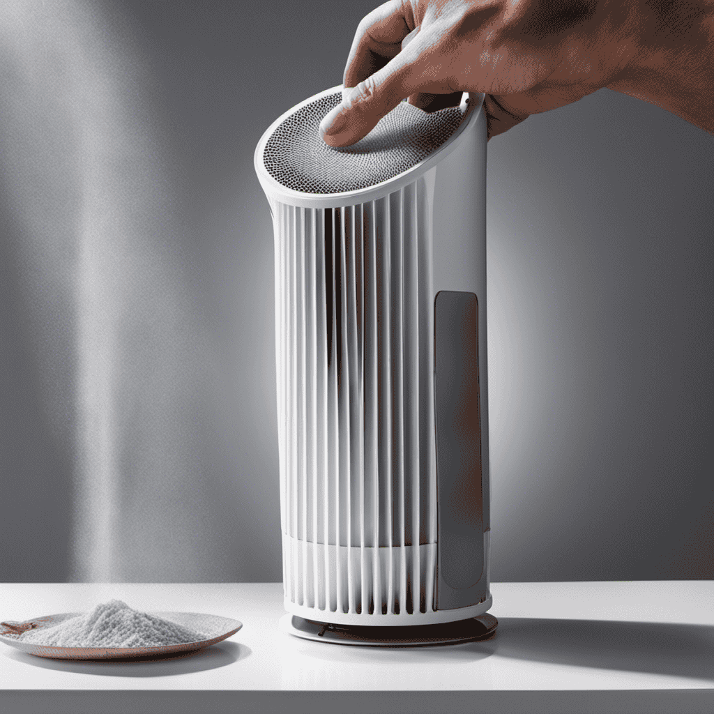 An image showcasing a hand holding a clean, white Philips Air Purifier filter, next to a dust-filled, clogged filter