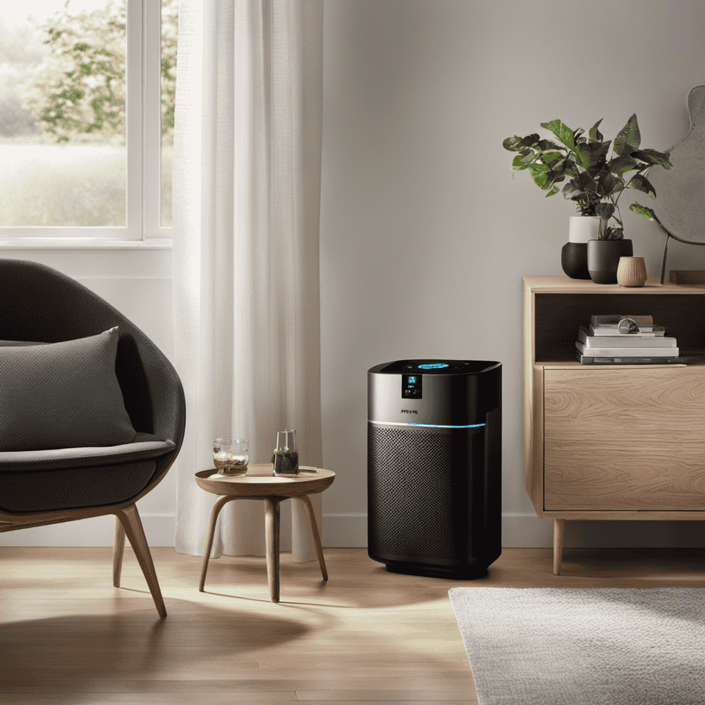 An image showcasing a well-lit living room with the Philips Air Purifier placed on a side table