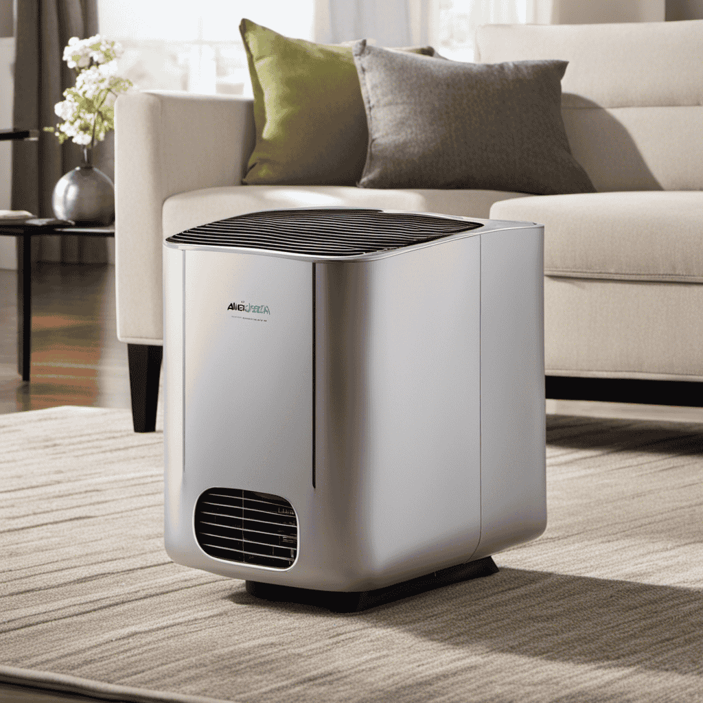 An image showcasing the Portable True HEPA Air Purifier Model 18155 in action, surrounded by a spacious room of approximately 400 square feet