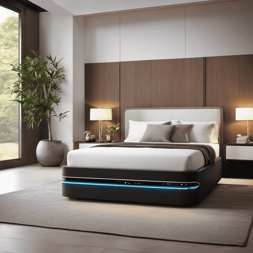 An image showcasing a serene bedroom environment with a Pure Enrichment Air Purifier displayed prominently