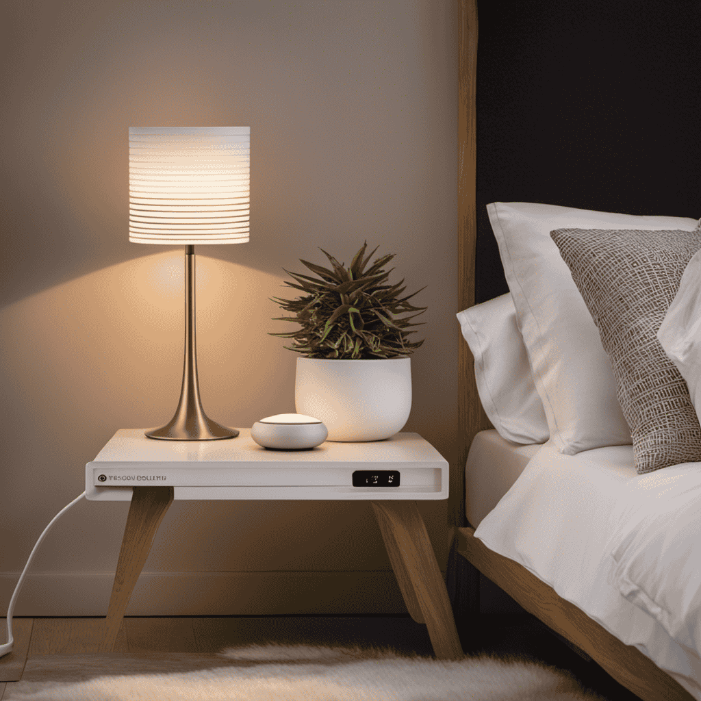 An image showcasing a serene bedroom setting with the Ionic Pro Mini Ionic Air Purifier placed on a bedside table