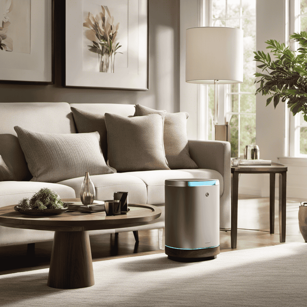 An image showcasing a serene living room with a Rabbit Air Purifier placed elegantly on a side table