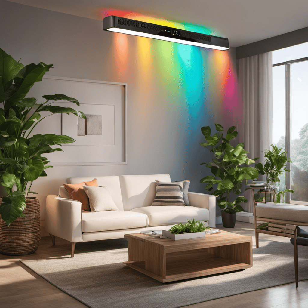 An image showcasing a serene living room with an operating Rainbow Air Purifier placed on a side table, surrounded by fresh green plants, its vibrant rainbow-colored lights softly illuminating the space