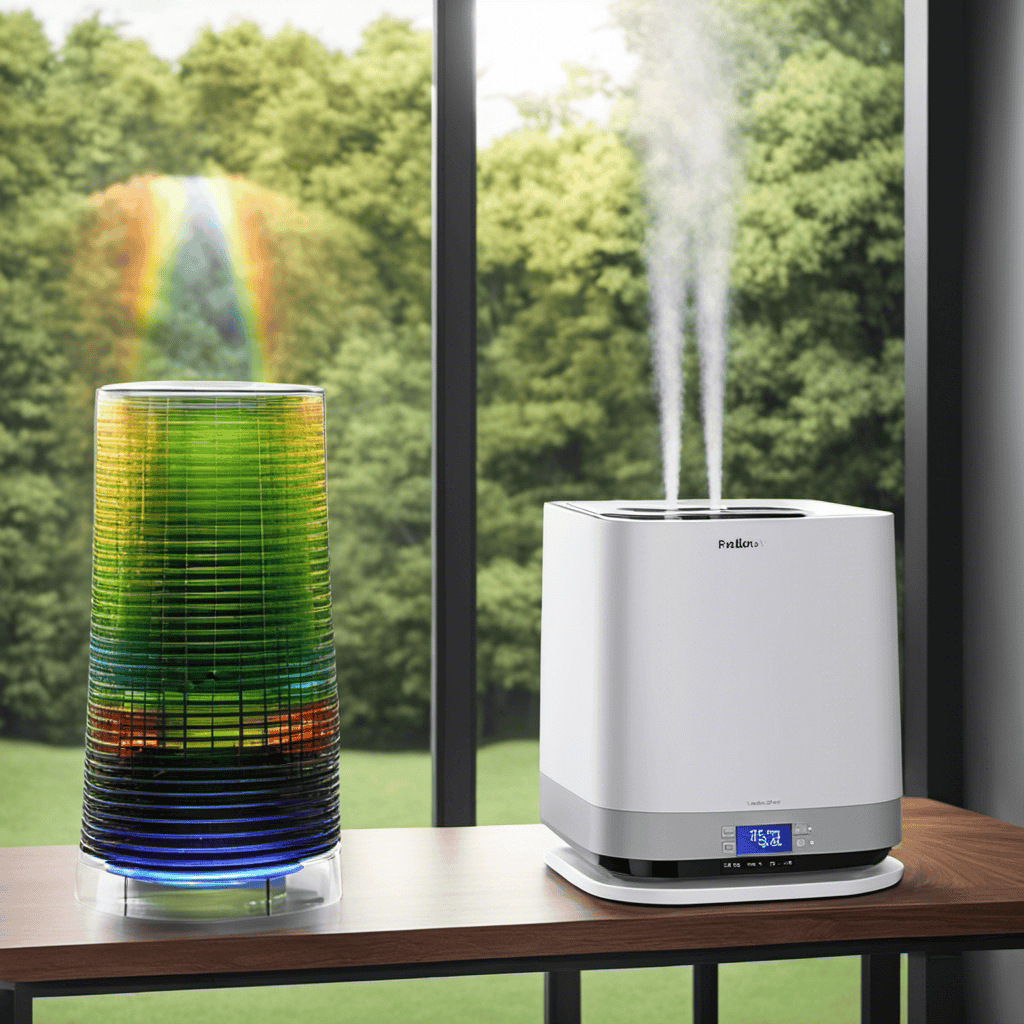 An image showcasing a Rainbow Air Purifier in action, with a clear water basin filled to its maximum capacity, capturing the mesmerizing sight of the device effortlessly purifying the air through its water-filtering system