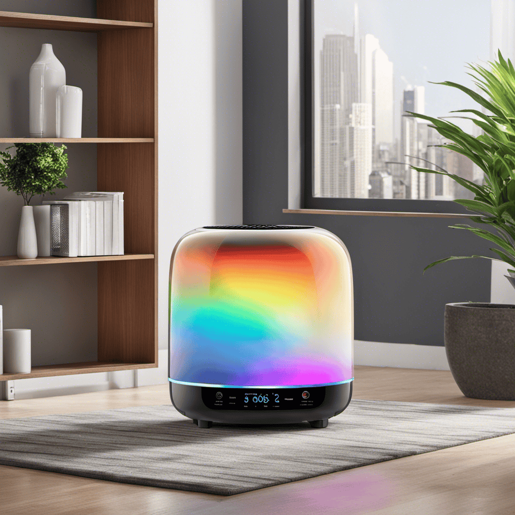 An image showcasing the Rainbow Air Purifier in action: a vibrant rainbow of purified air flowing effortlessly through the device, capturing and eliminating dust particles, allergens, and pollutants