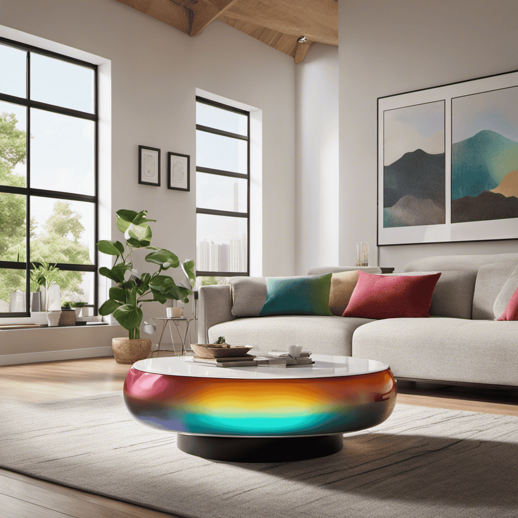 An image showcasing a serene living room filled with natural light, where a sleek and modern Rainbow Air Purifier sits elegantly on a coffee table