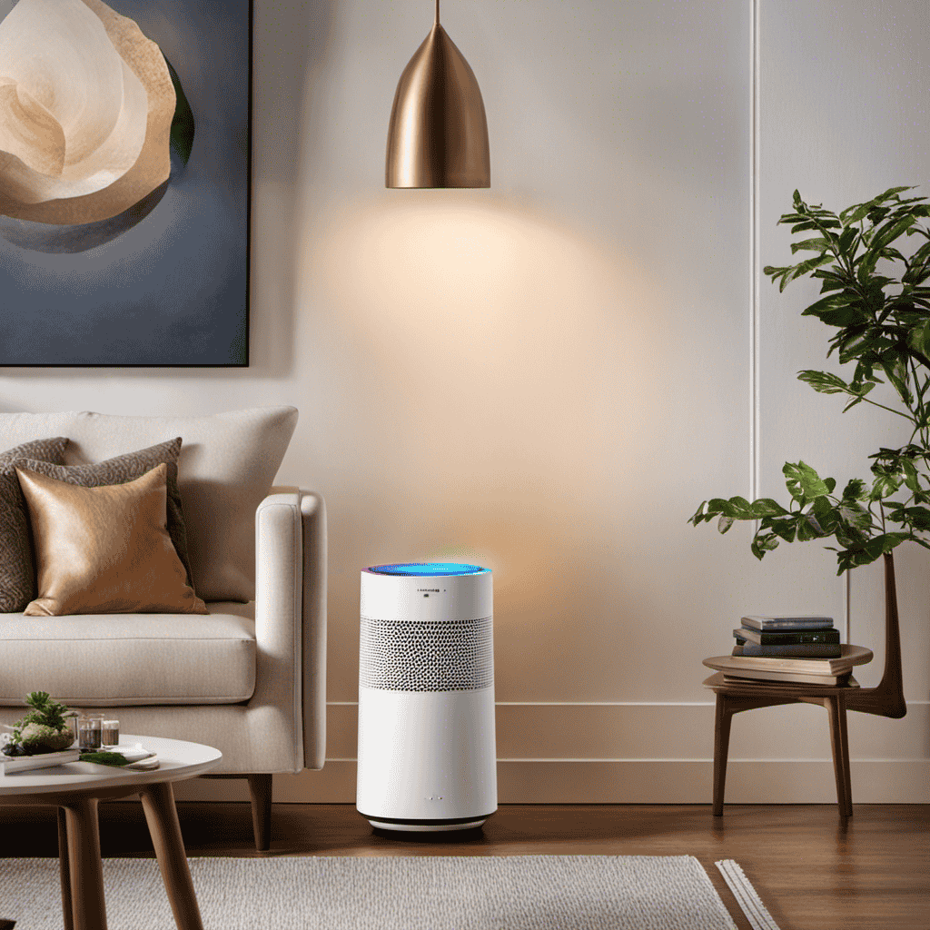 An image showcasing a well-lit living room with the Rainbow Srx Air Purifier elegantly placed on a side table