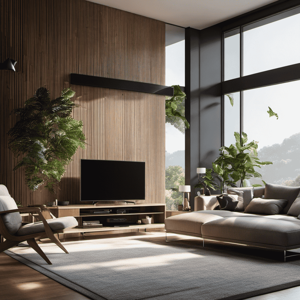 An image showcasing a sleek, modern living room with sunlight streaming through open windows
