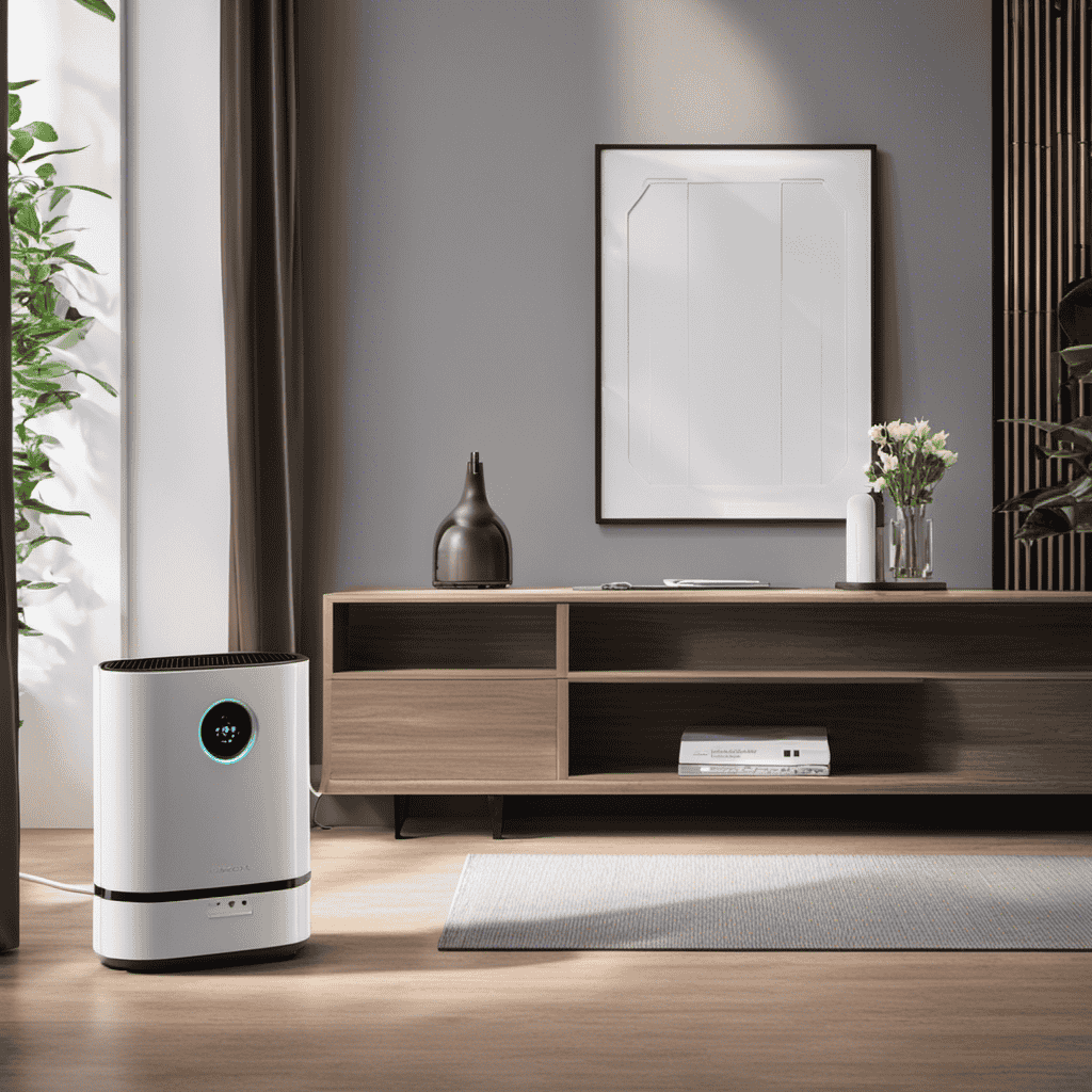 An image showing the Rigoglioso Ionic Air Purifier placed next to a power outlet, with a charging cable plugged into it