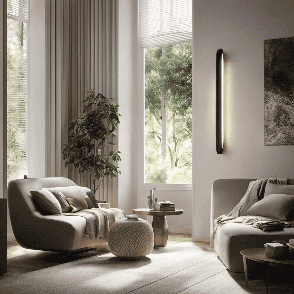 An image of a room with a serene atmosphere, where a sleek, modern air purifier is placed near a window, gently circulating purified air