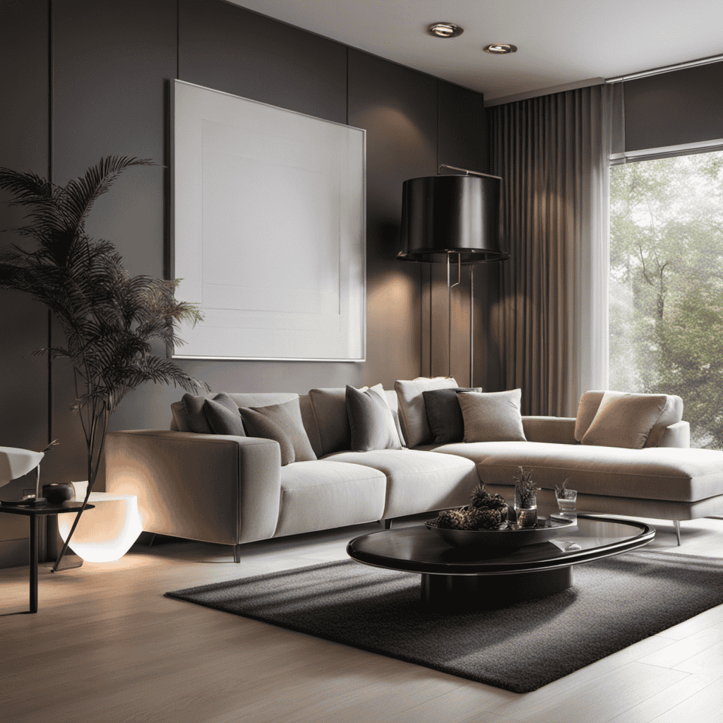 An image showcasing a modern living room with an air purifier quietly running in the background, highlighting its sleek design and displaying a soft, ambient glow that adds a sense of peace and tranquility to the space