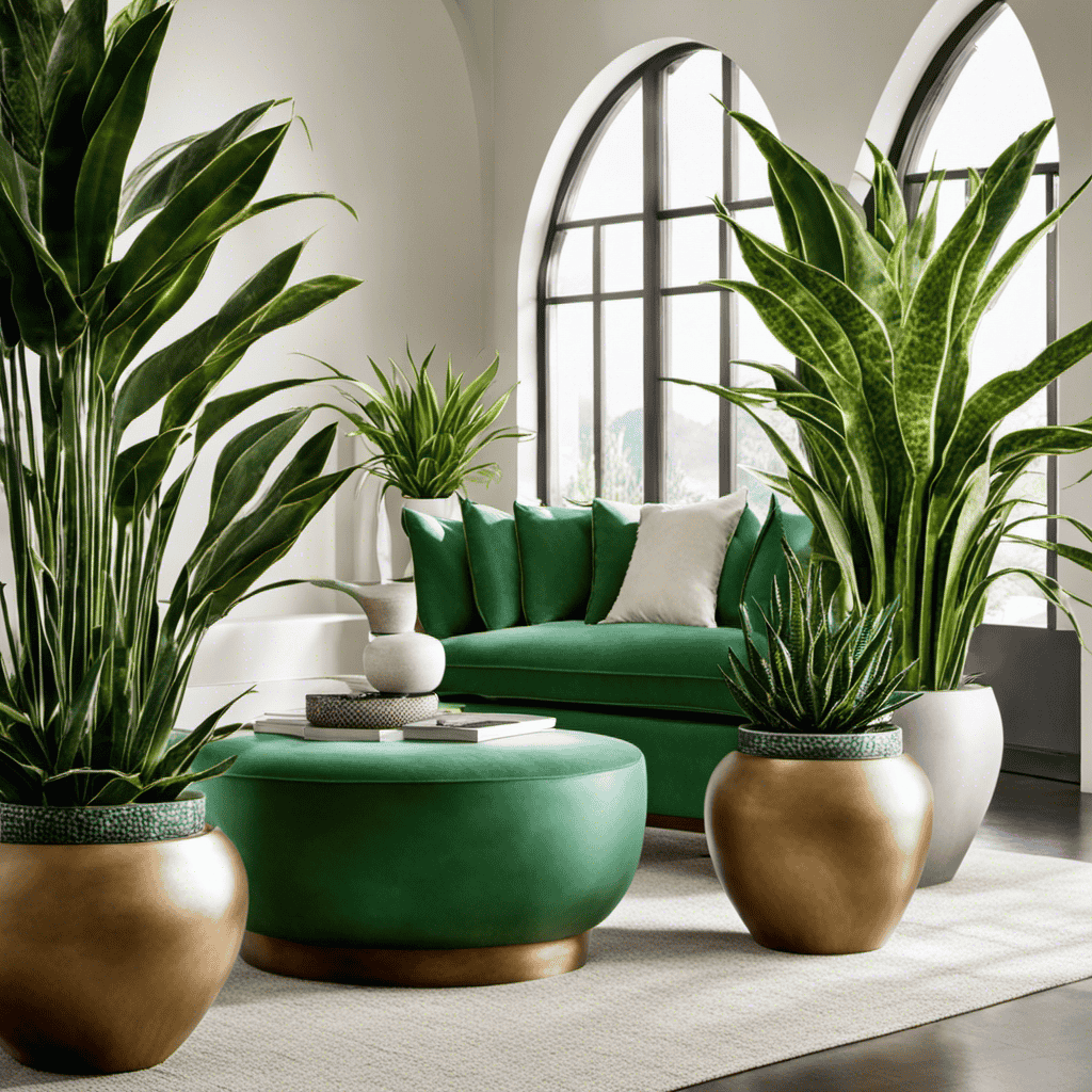 An image showcasing a serene living room adorned with Sansevieria plants - a variety of tall, vibrant green leaves elegantly placed in modern pots
