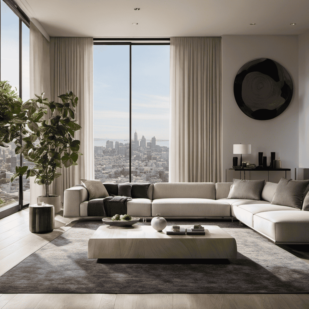 An image of a sleek, modern living room in San Francisco, bathed in soft natural light