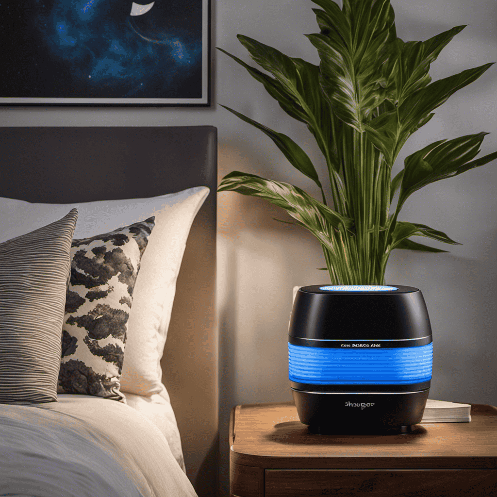 An image showcasing a cozy bedroom with the Sharper Image Ionic Breeze Air Purifier elegantly placed on a nightstand, emitting a soft blue glow while surrounded by plants and a book, inviting a tranquil and purified atmosphere
